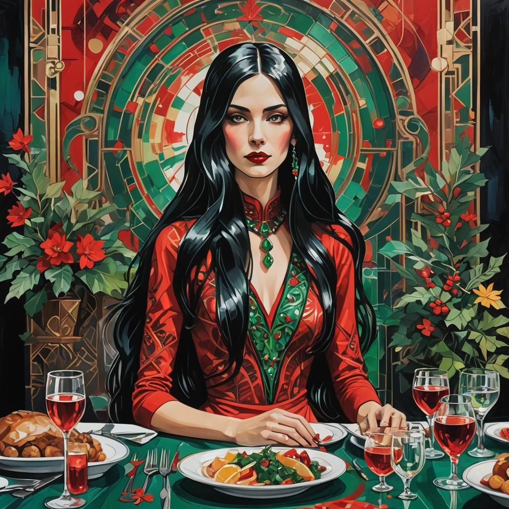 Art Deco Girl at Christmas Dinner in Graffiti Style