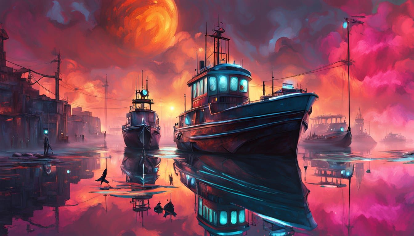 Steampunk vs Alien Boats in Futuristic Harbor