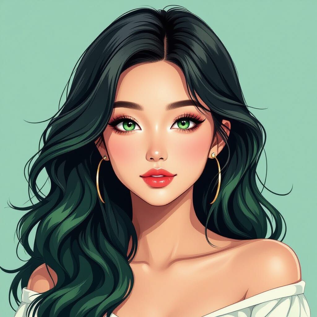 Anime Style Asian Woman with Green Hair Wallpaper