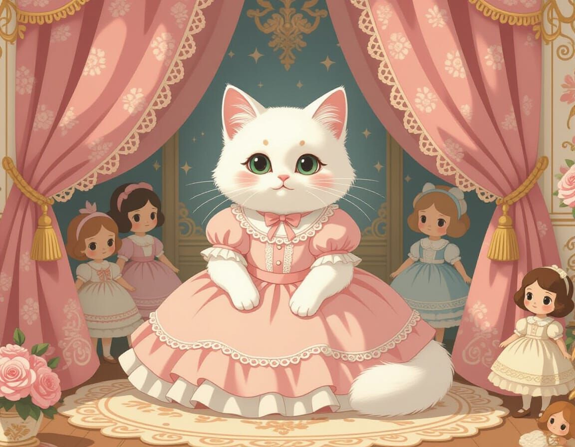 Magical White Cat in Frilly Dress with Dolls