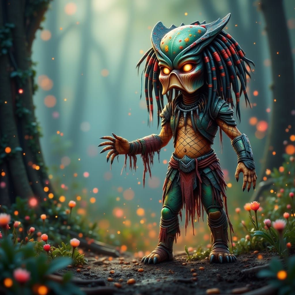 Whimsical Forest Scene with Glowing Scarecrow