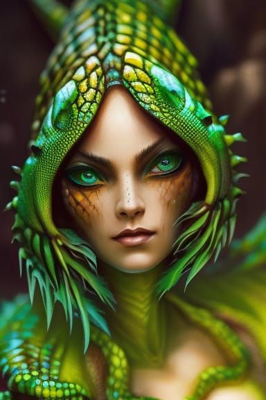 Lizard Woman in Green Victorian Dress