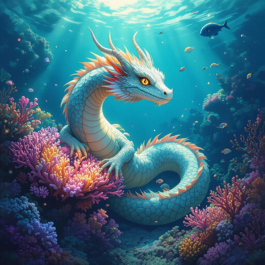 Majestic Water Dragon on Coral Reef, Deep Sea Fantasy