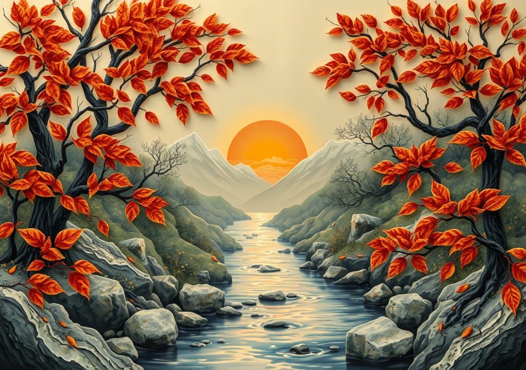 Embossed Black Marble Autumn Forest Art