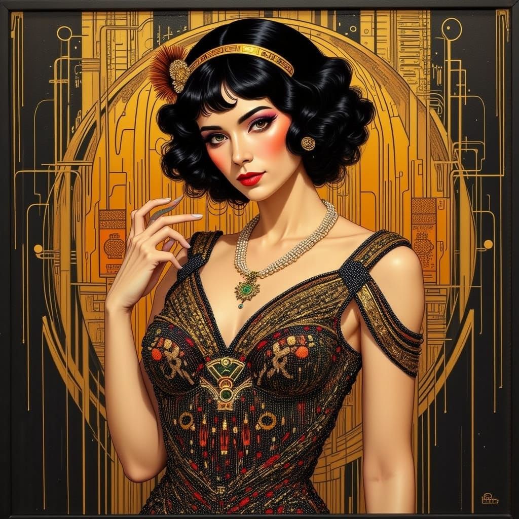Elegant Flapper in Art Deco Style, Alphonse Mucha Inspiratio...
