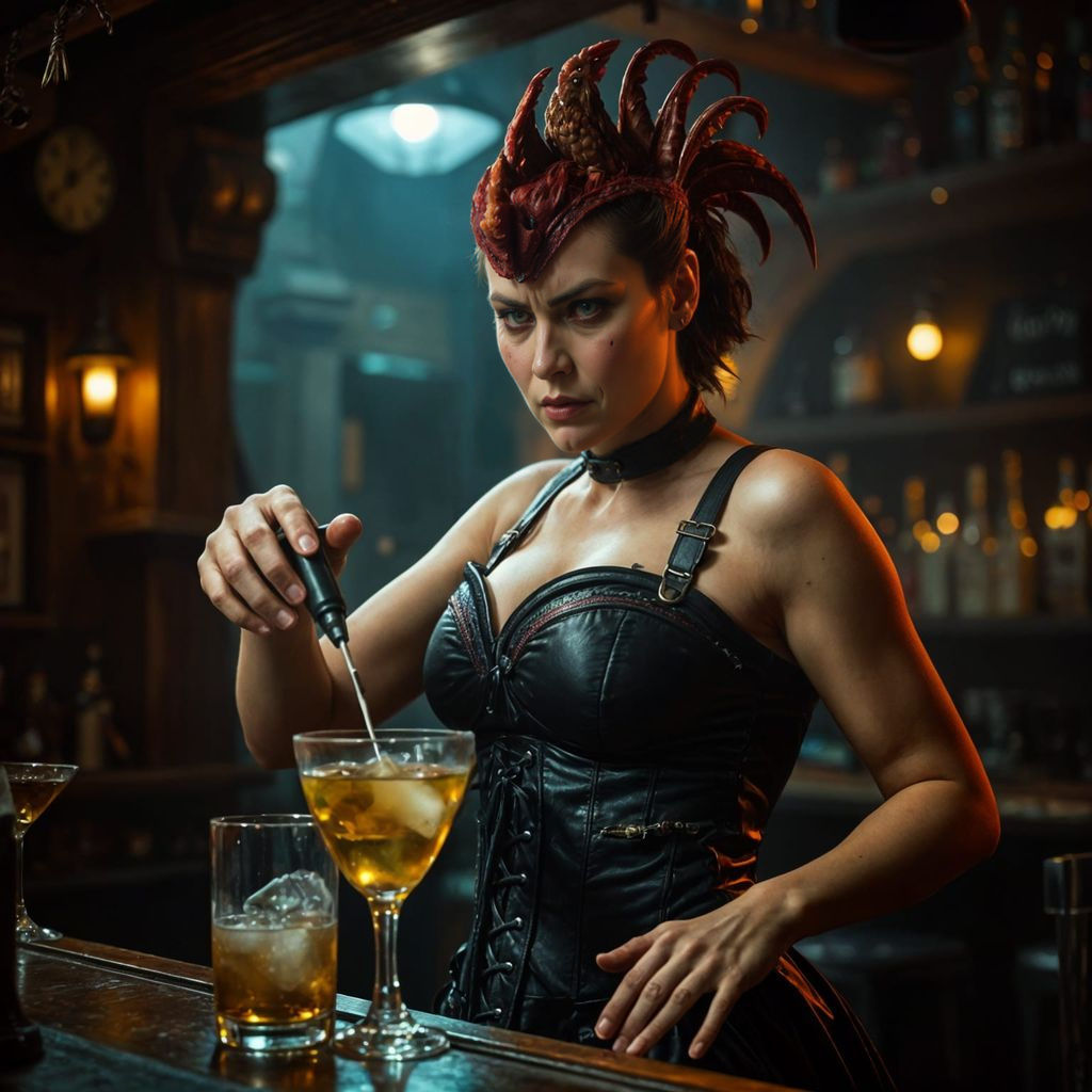 Grumpy Chicken Bartender in High Fantasy Style