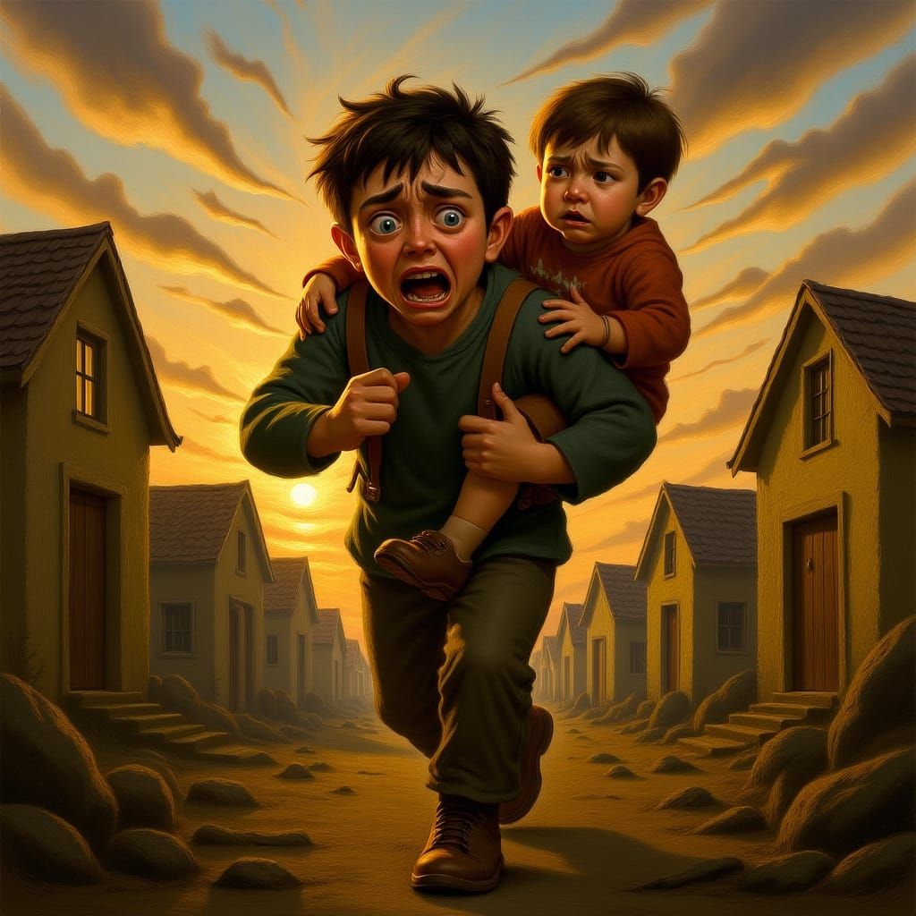 Boy Carries Brother Through War Ruins at Sunset