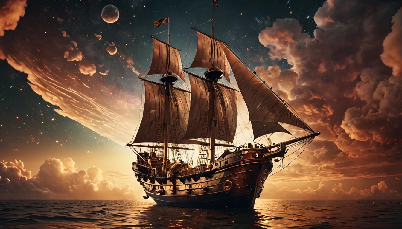 Cosmic Sailing Ship at Sunrise in Cinematic Style