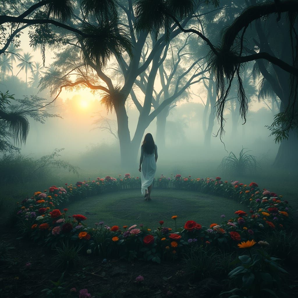 Jungle Clearing at Dawn: Girl and Floral Ritual