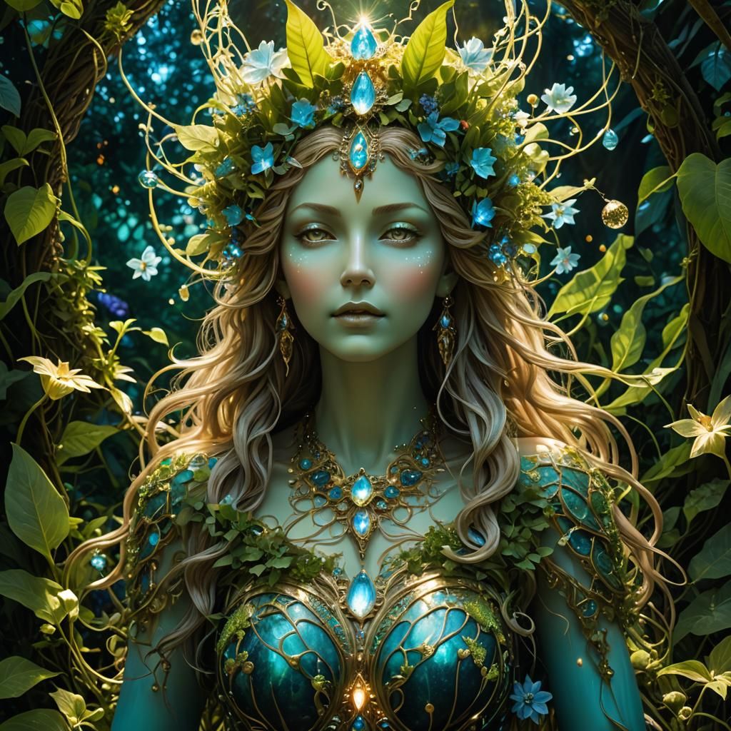 Earth Goddess in Bioluminescent Garden