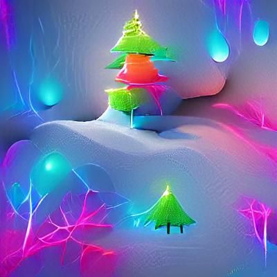 Glowing Neon Christmas Tree in Snowy Scene