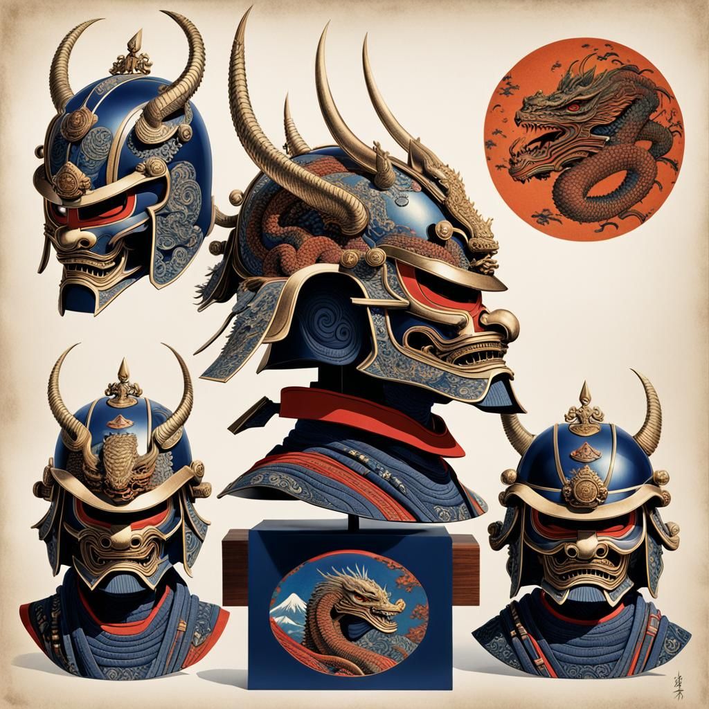 Art by Katsushika Hokusai, ukiyo-e print of a samurai helmet, ornate and symbolic, adorned with dragon motifs and crest,...