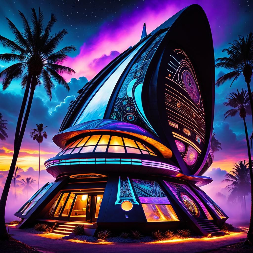 Futuristic Alien Mothership in Psychedelic Street Art