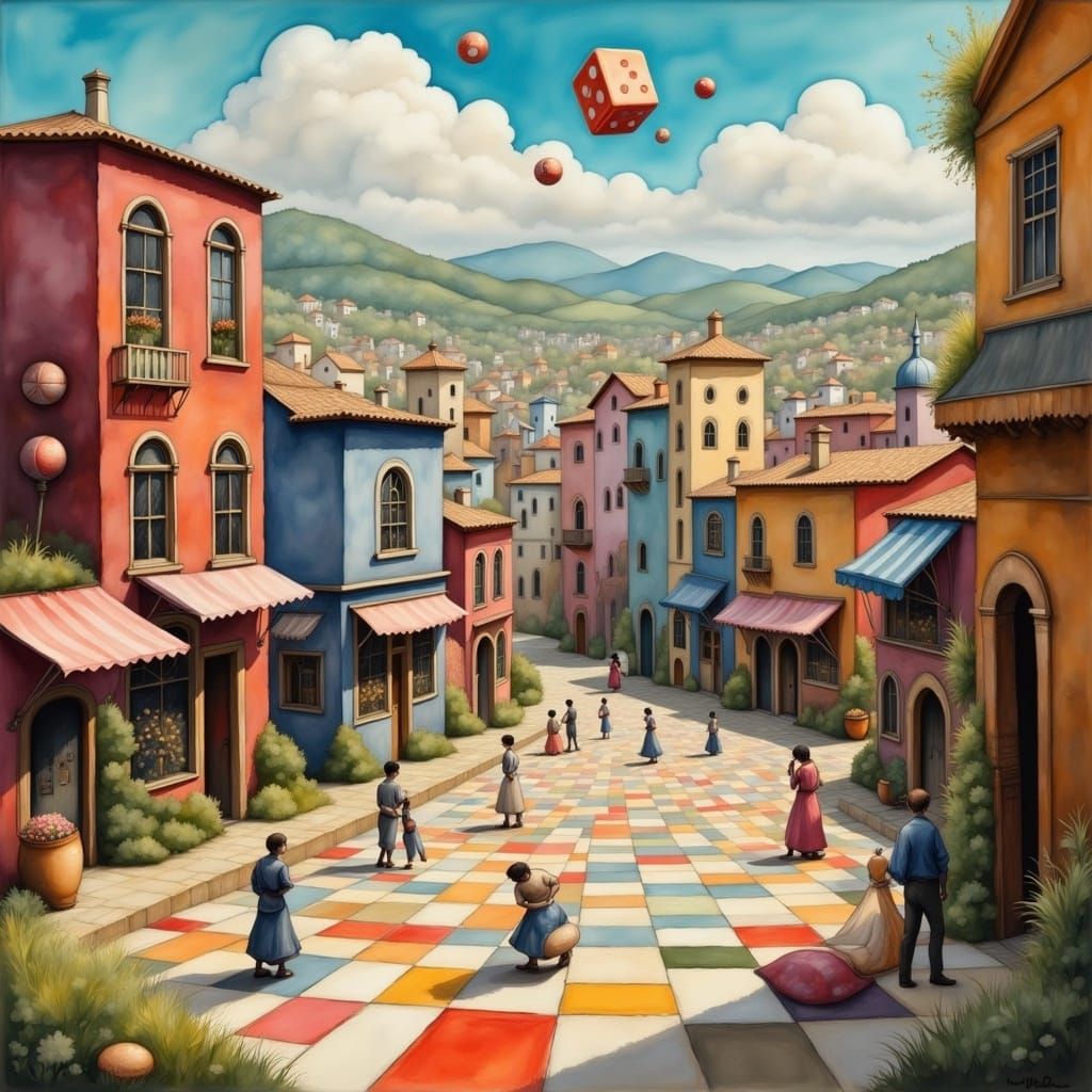 Whimsical Town Square with Giant Board Game Elements