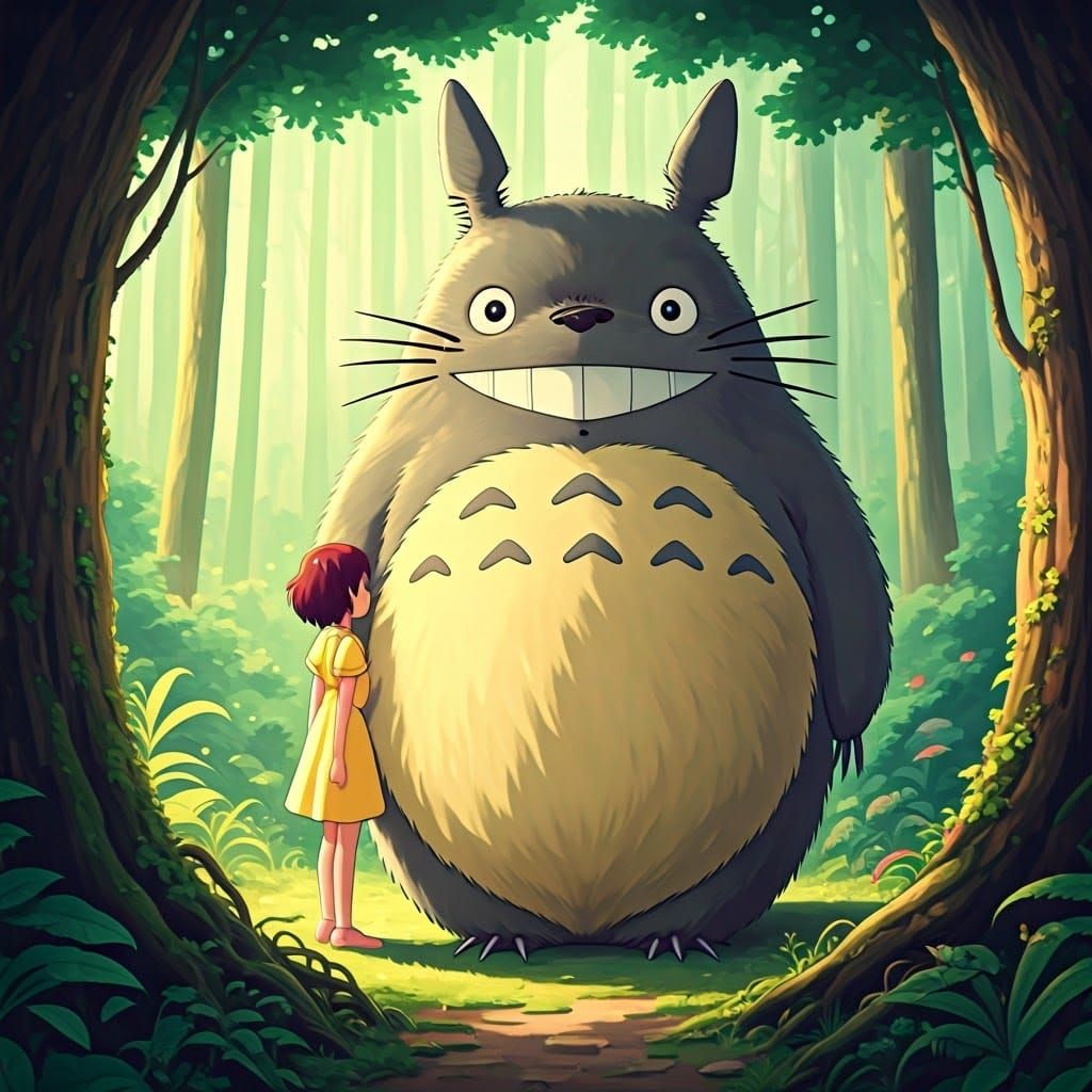 Whimsical Encounter with Totoro in a Dreamy Forest