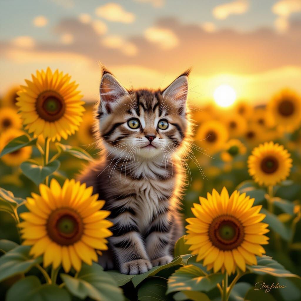 Kitten in Sunflower Field, Pastoral Painting