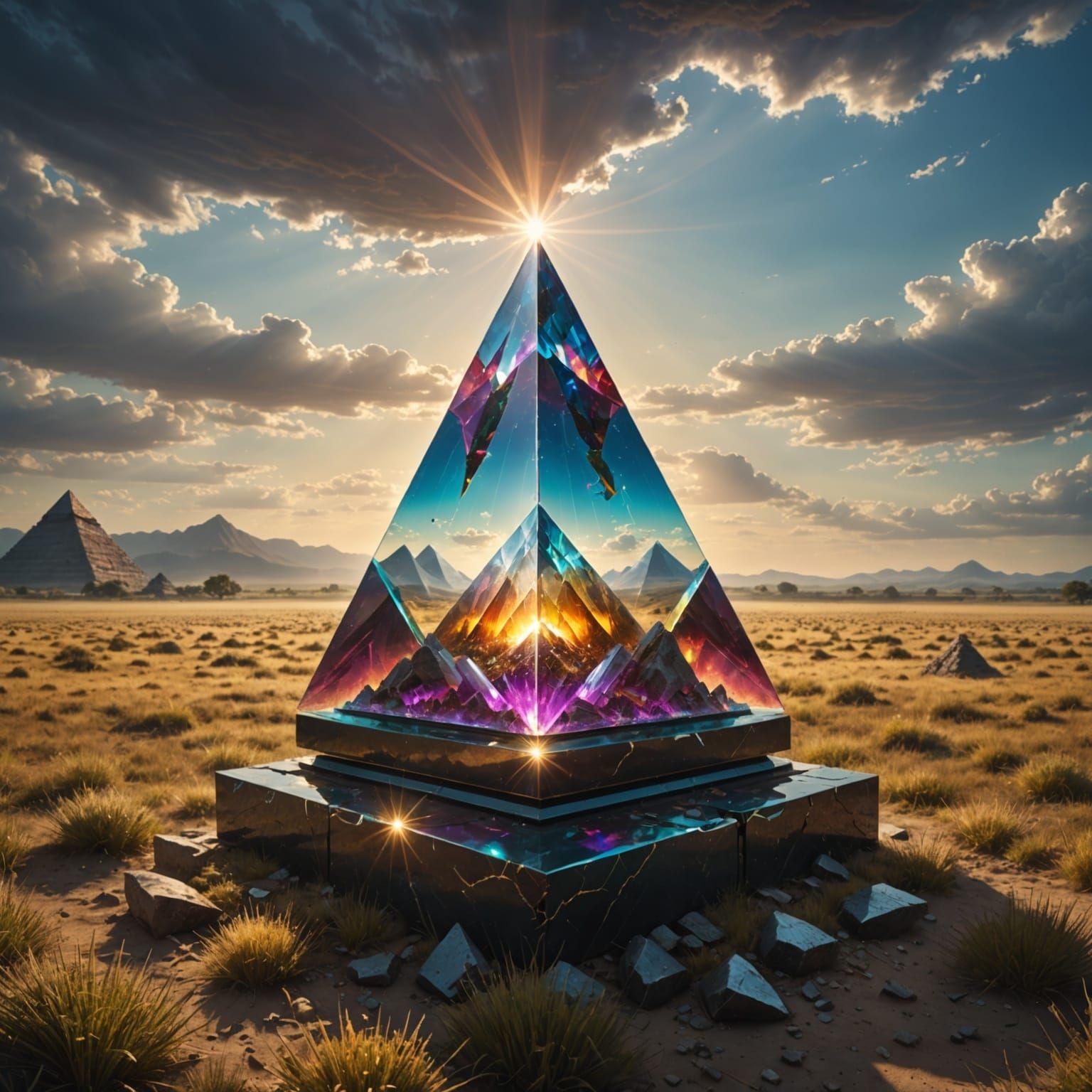 Glass Pyramid Refracts Sunlight: A Digital Painting