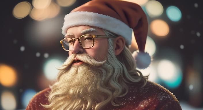 Hyperrealistic Hipster Santa in Festive Abstract Landscape