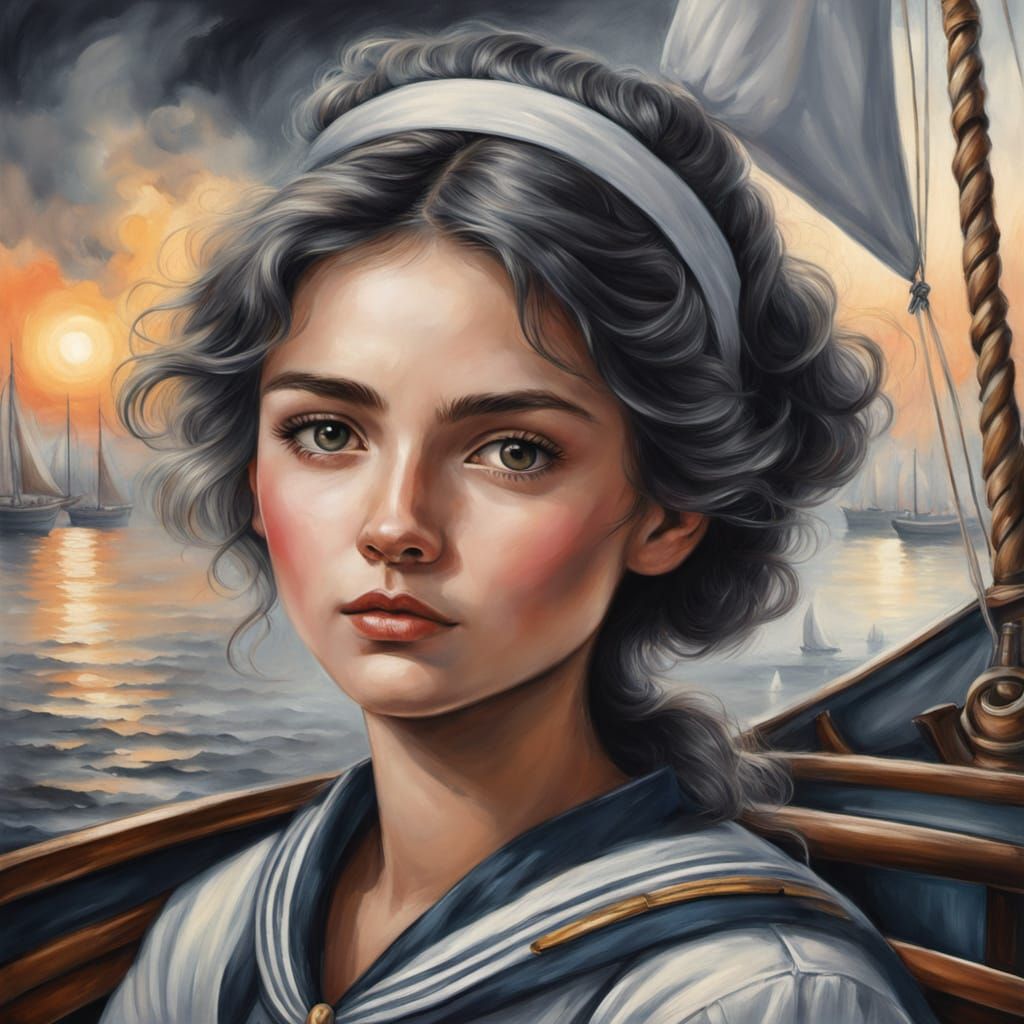 Female Sailor in Ethereal Gouache Charcoal Drawing