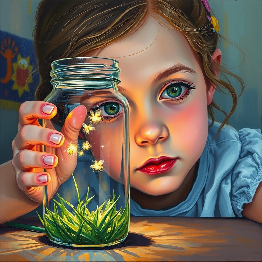 I 9 year old girl staring at a glass jar with a couple of fi...