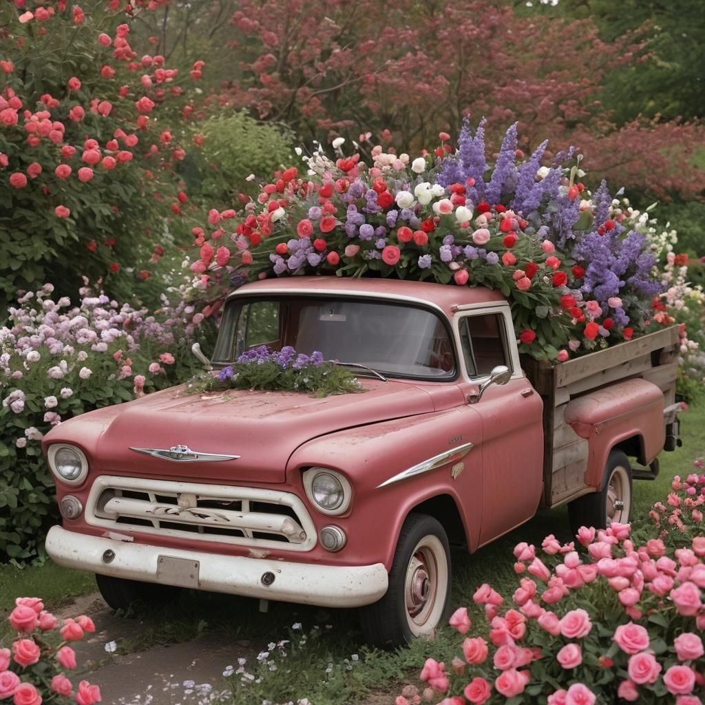 Vintage Chevy Truck Bed Filled with Colorful Flowers