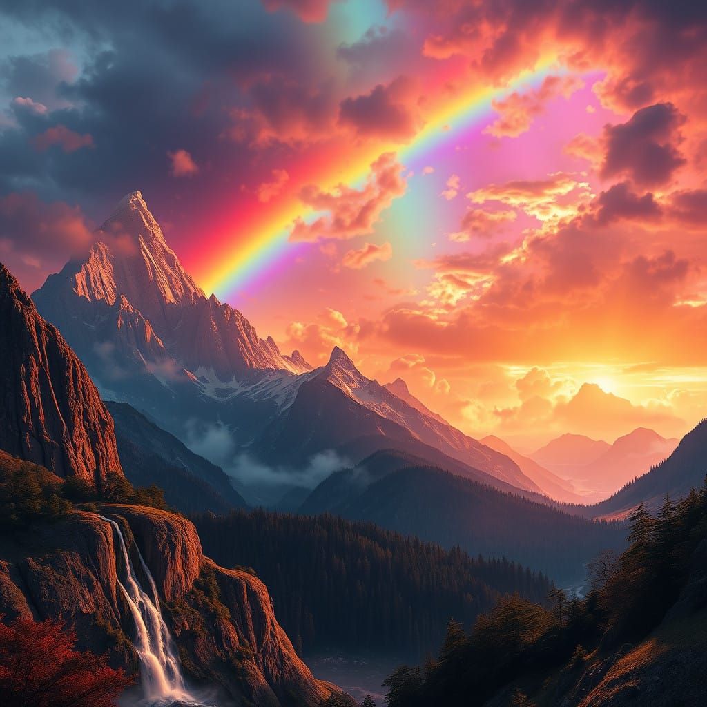 Majestic Fire Rainbow Illuminates Cyberpunk Mountain Landsca...