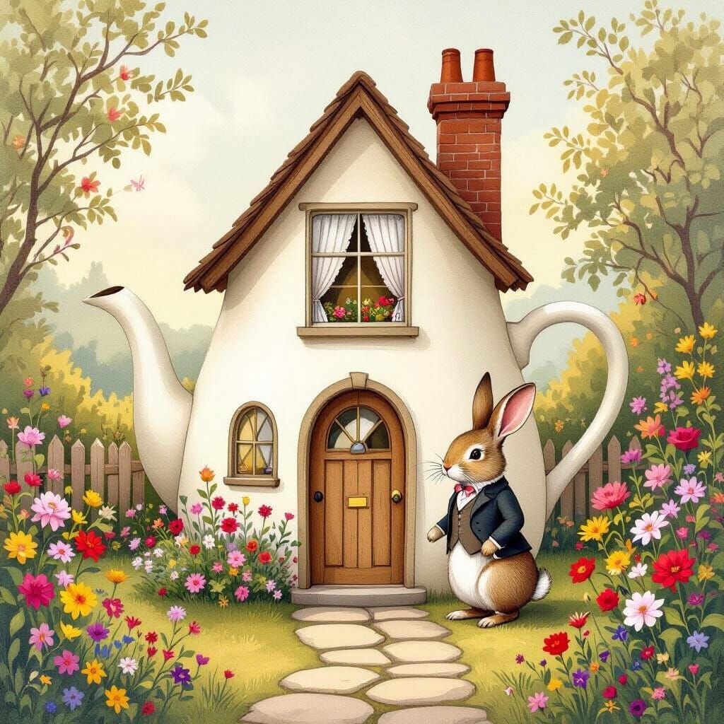 Whimsical Coffee Pot House with Dapper Rabbit in Garden
