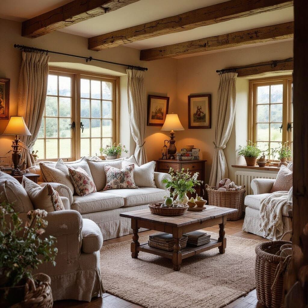 Inviting Cottage Interior in Whimsical Folk Art Style