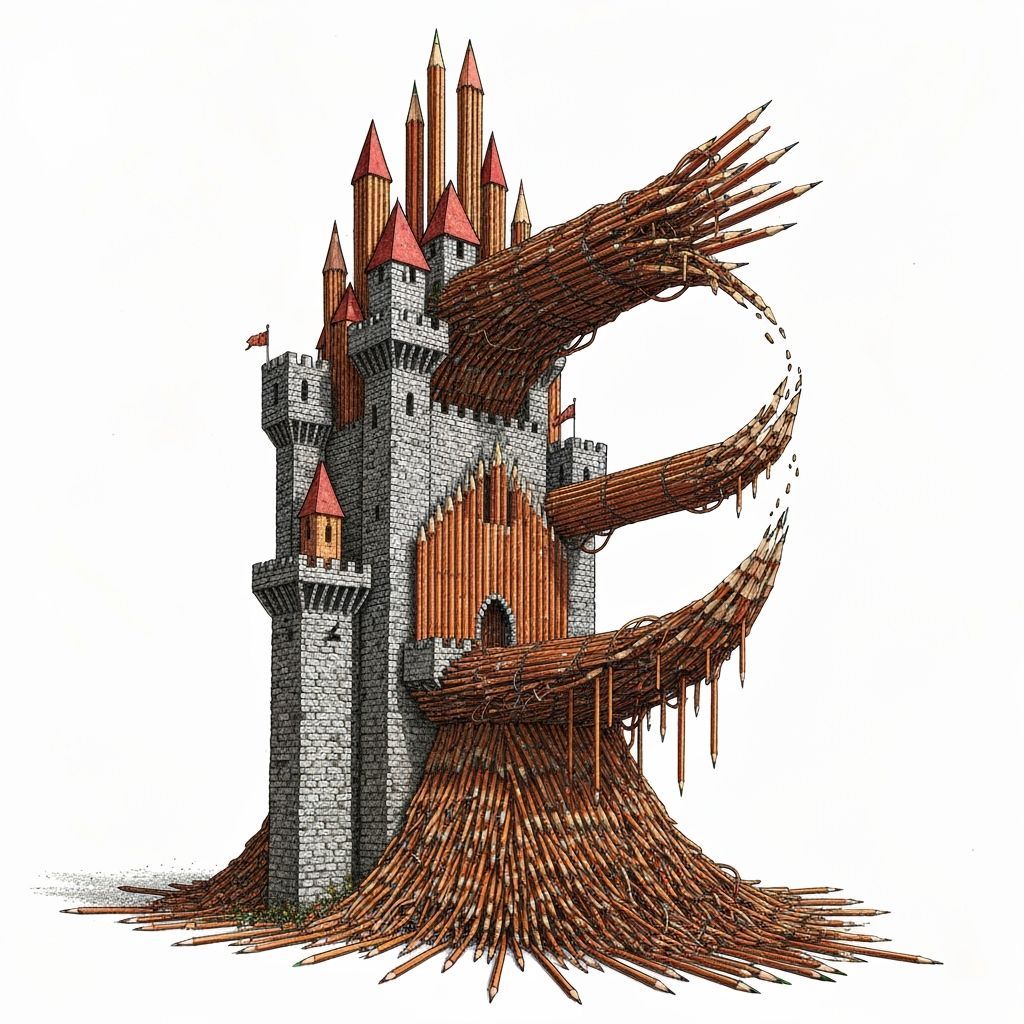 Intricate Pencil Castle in Mid-Transformation