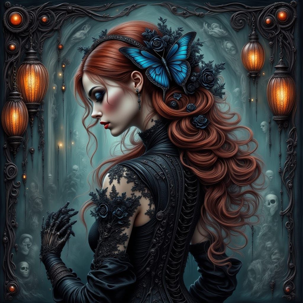 Elegant Woman with Red Hair & Skeleton Spine in Mystical Set...