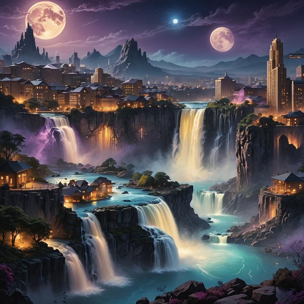 Fantasy Waterfall City Under Full Moon