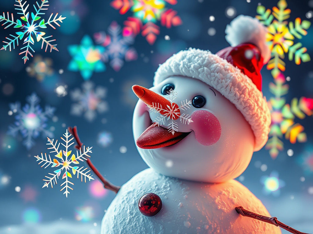 Happy Snowman Catches a Sparkling Snowflake