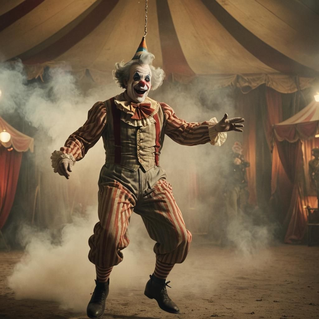 Cinematic Clown Jumps in Smoky Circus Tent