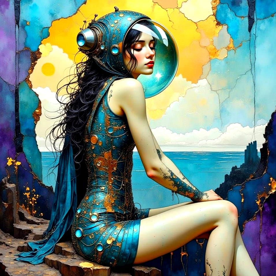 Retro-Futuristic Woman in Alien Landscape, Oil Painting