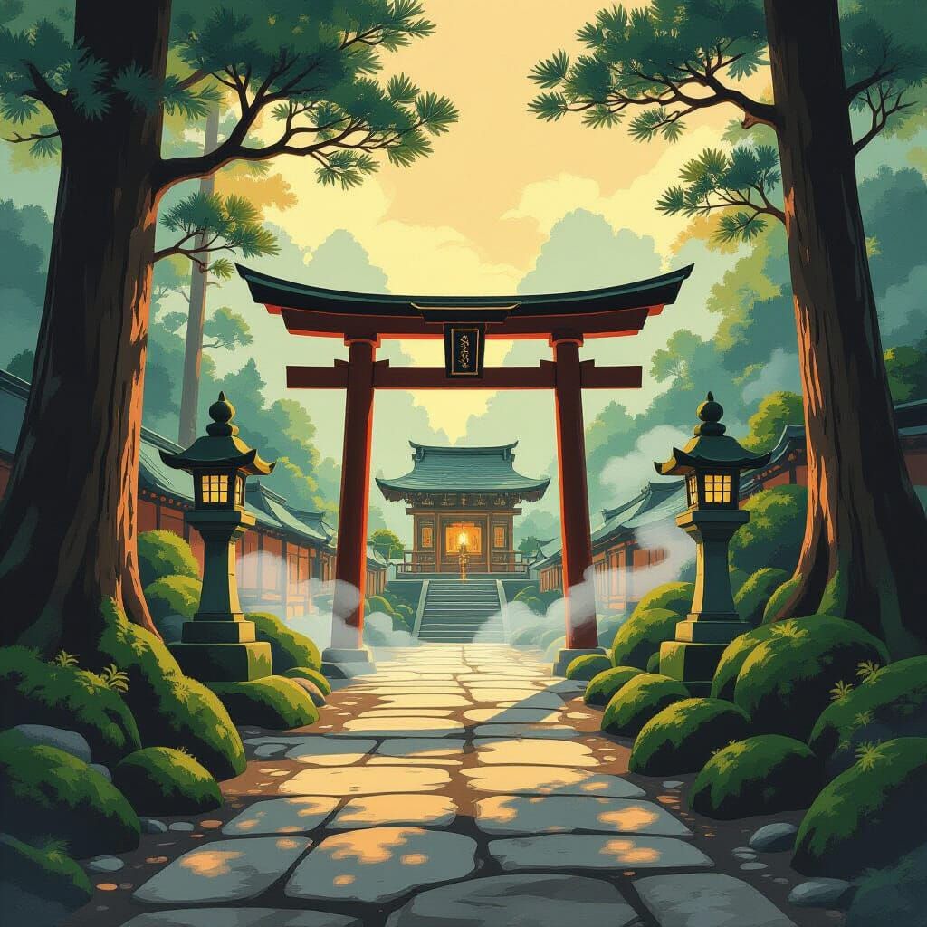 Serene Japanese Shrine in Golden Hour Light