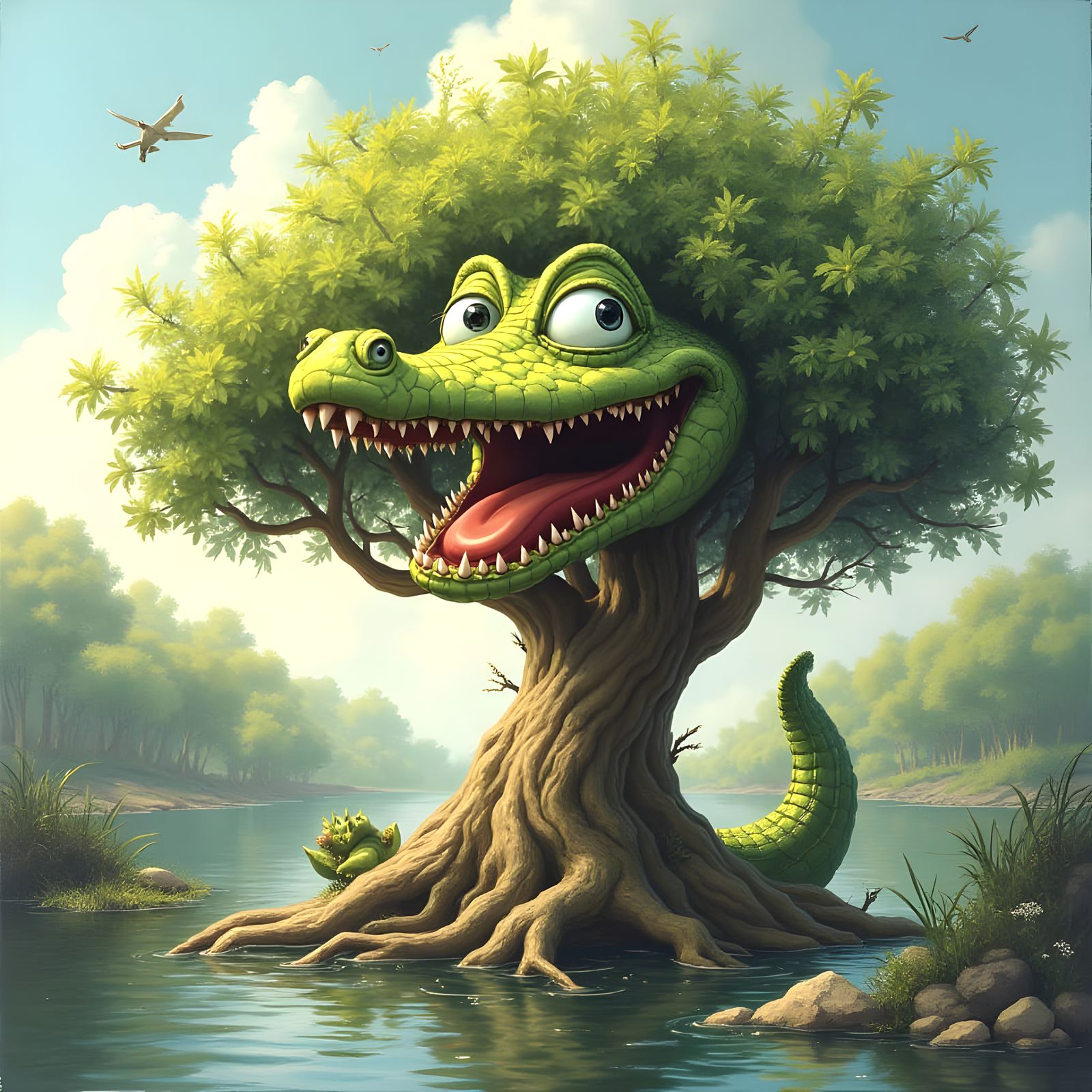 Laughing Alligator Tree Whimsical Illustration