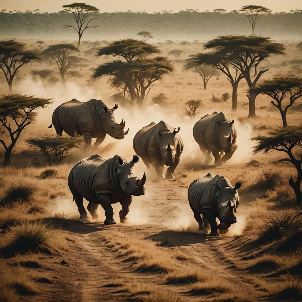 Rhinos Storming Savanna: Cinematic Film Still