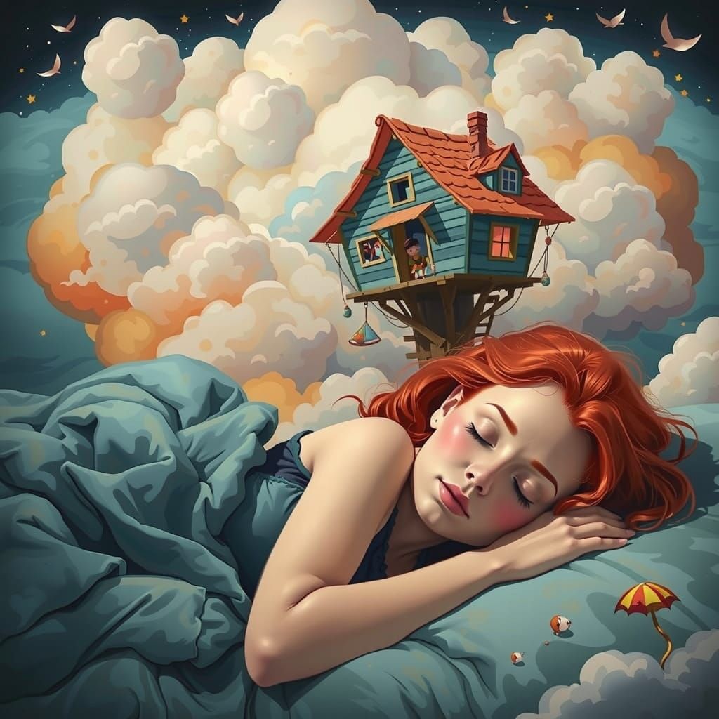 Sultry Redhead Slumbers Amidst Whimsical Cloudscape