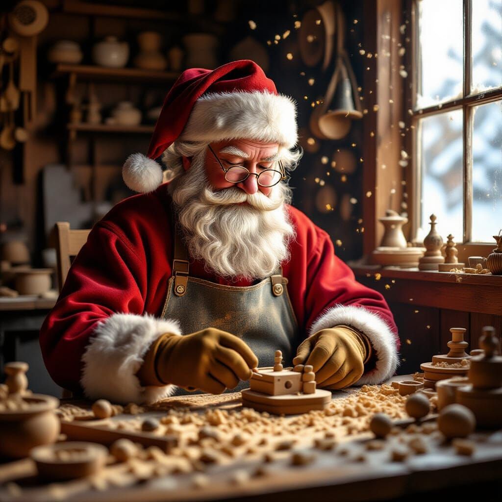 Santa Claus Crafting Toys in Cozy Workshop Oil Painting