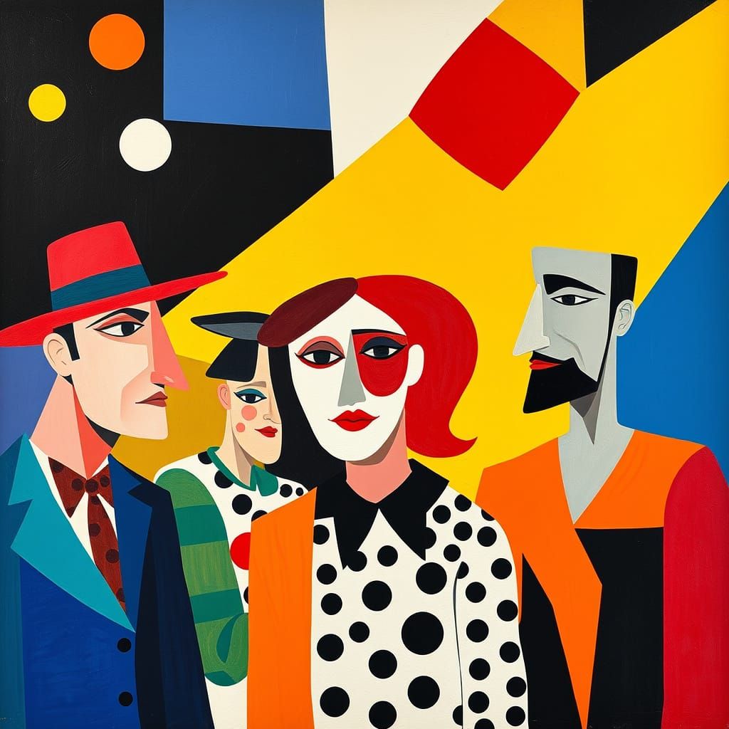 Cubist Revelers in Geometric Setting
