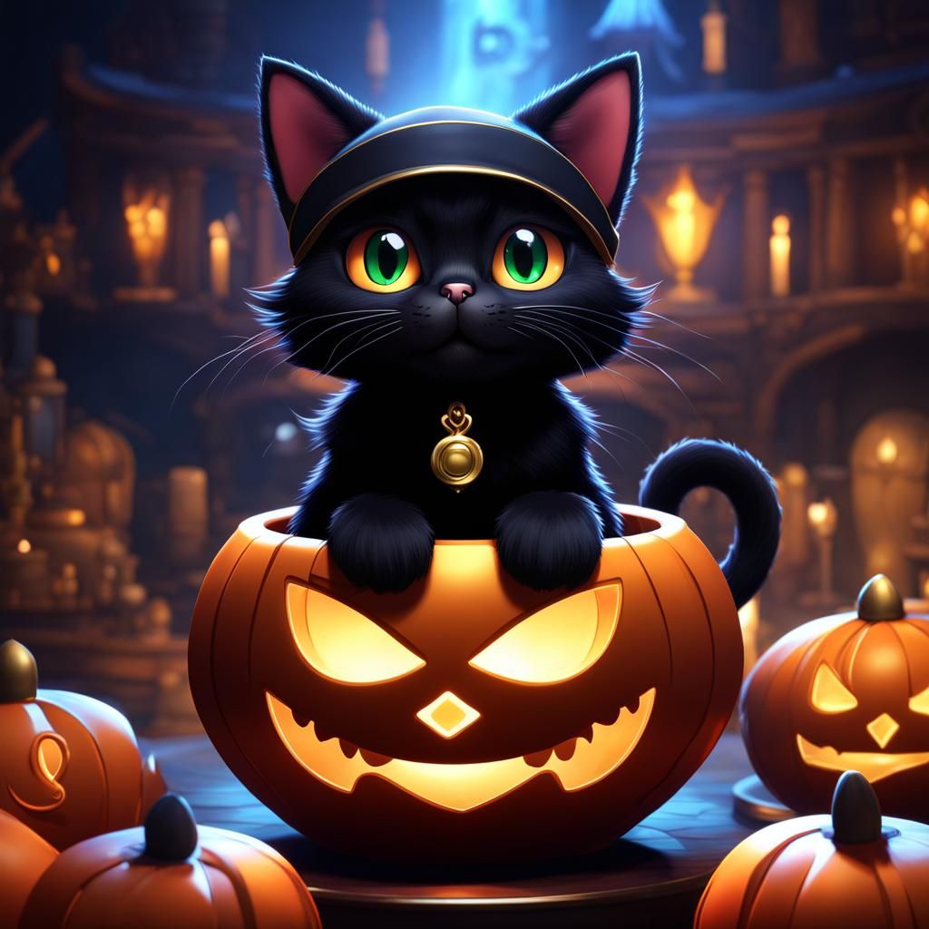 Chibi Black Cat Magician Hat Fantasy Art