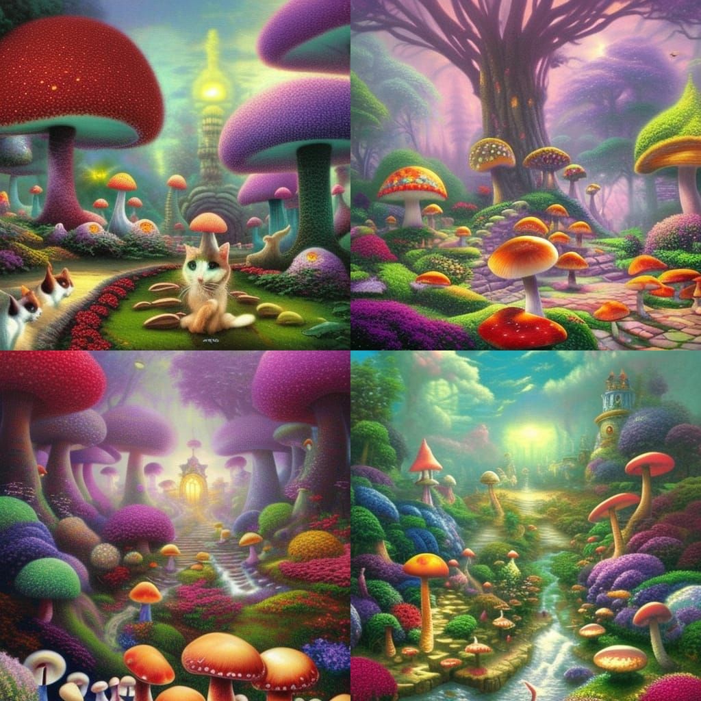Enchanted Mushroom Realm with Cats