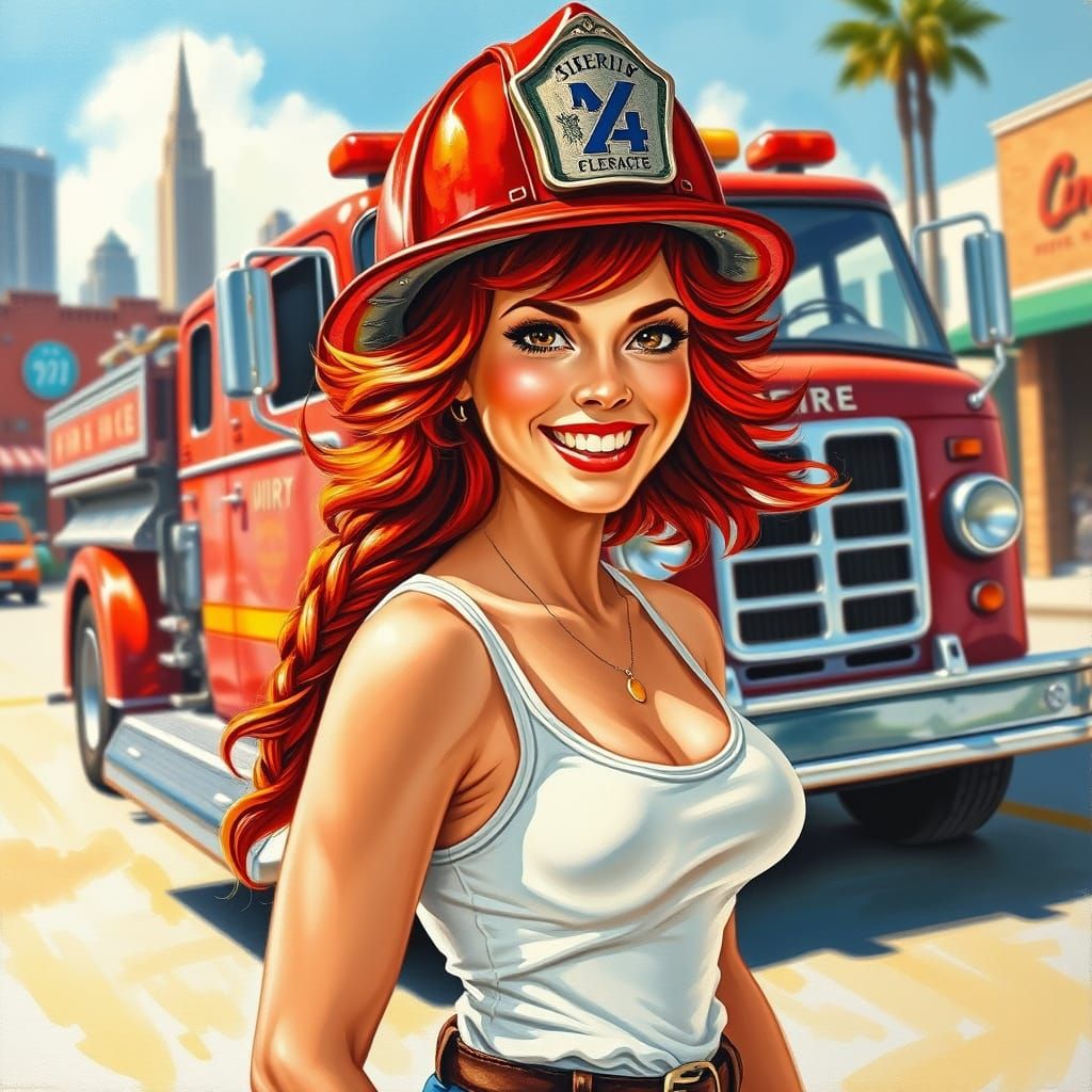 Vivacious Firefighter in Vargas-Style Oil Painting