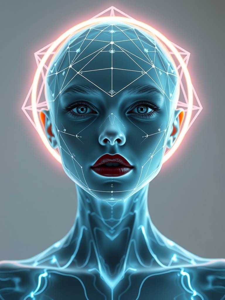 Glass Albino Model with Sacred Geometry and Neon Halo