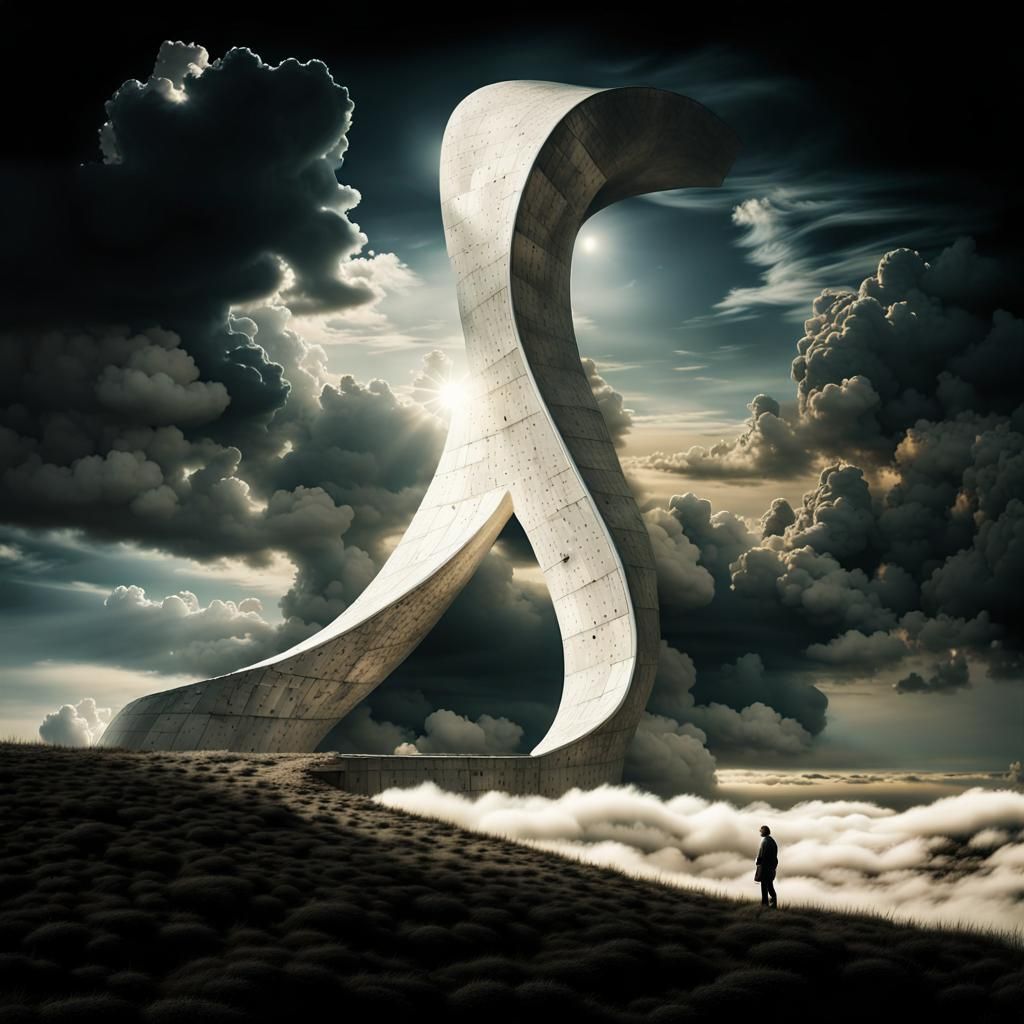 Surreal Giant Walks on Metal Archway in 3D