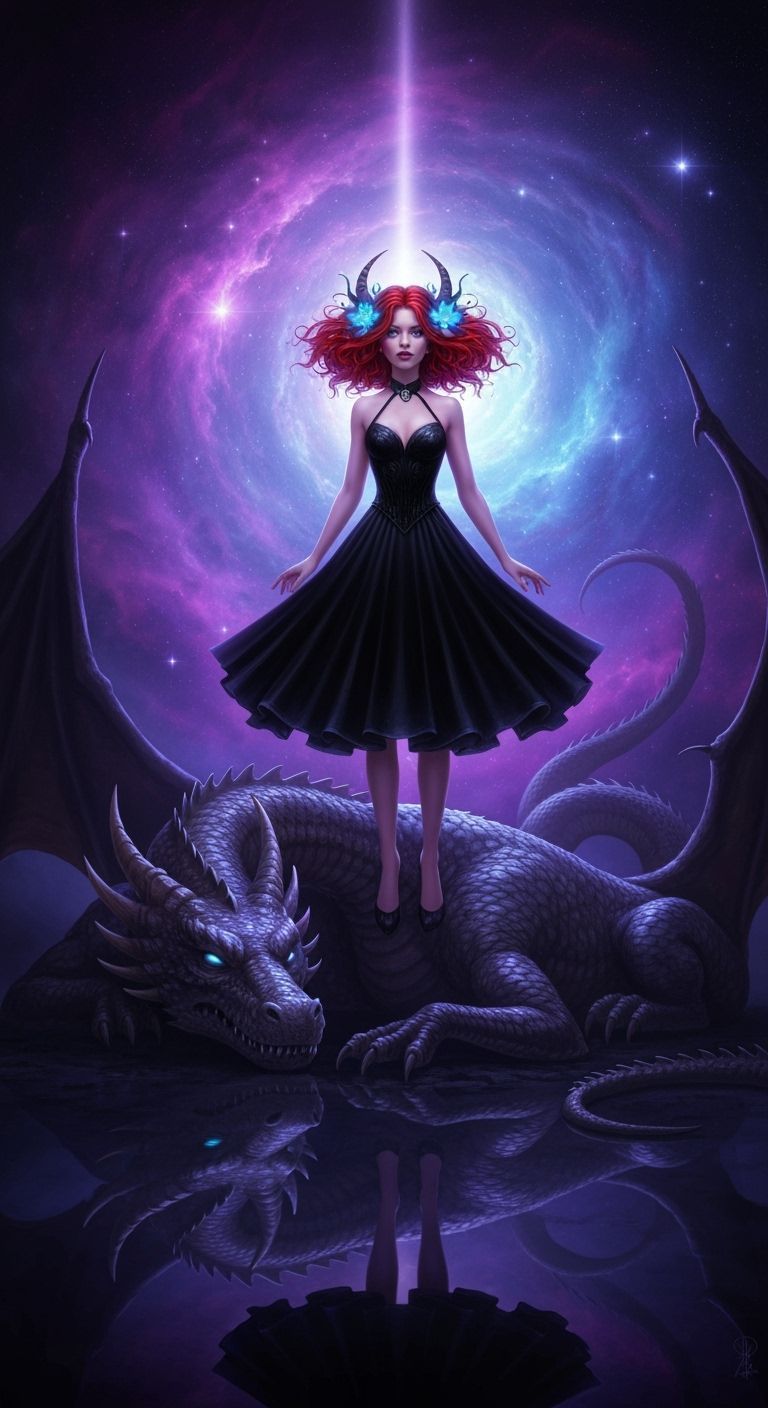 Woman with Bioluminescent Flowers Atop Dragon