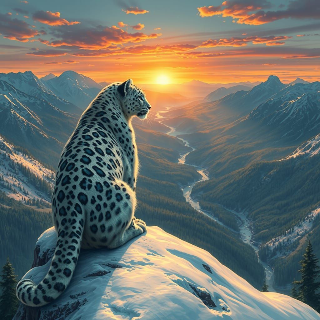 Snow Leopard with Iridescent Fur in Art Deco Style