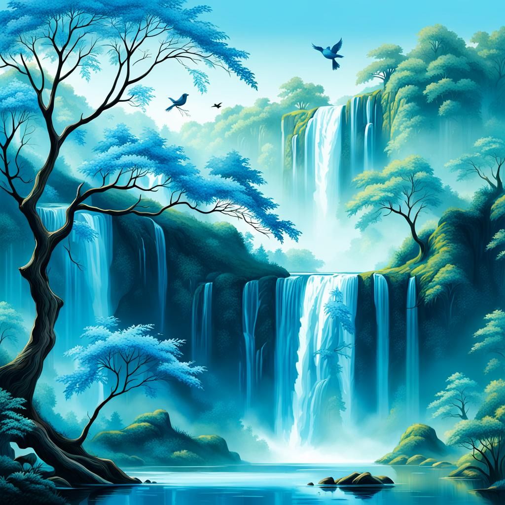 Tranquil Landscape with Waterfall and Bird