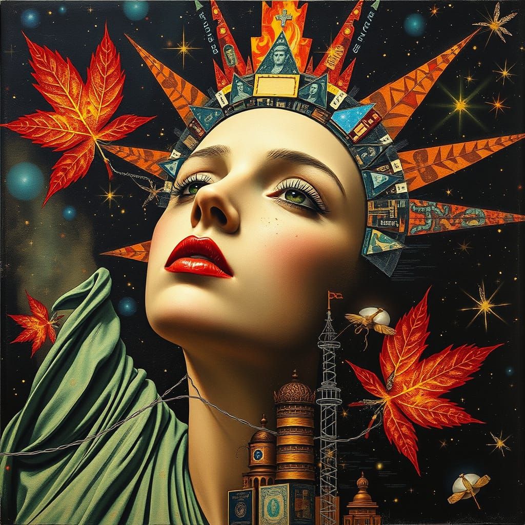 Cyberpunk Lady Liberty with Maple Leaf, Whimsical Art