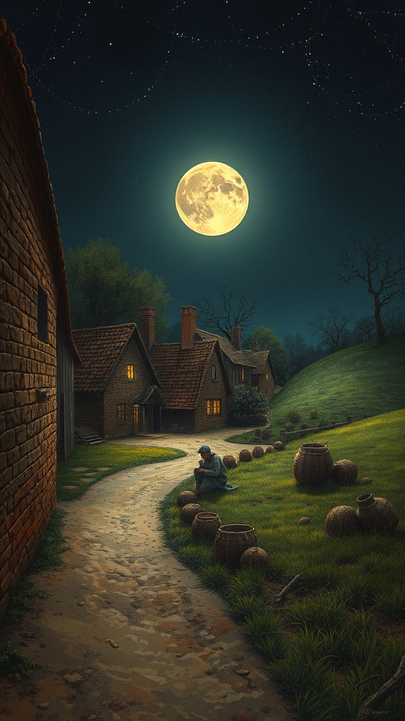 Moonlit Village Scene with Rustic Brick Houses